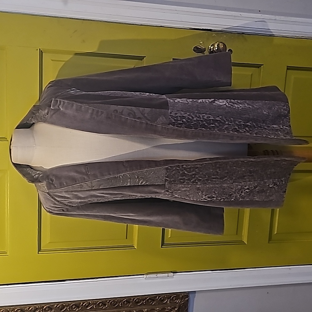 Chicos Long Patchwork Gray Velvet Lightweight Jac… - image 1